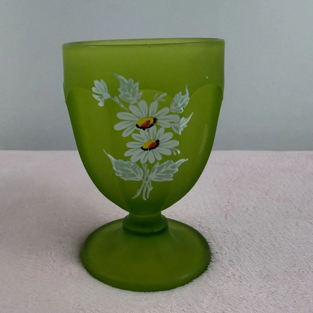 Westmoreland‎ Glass Goblet Green Vintage Hand Painted Daisy Satin Glass
